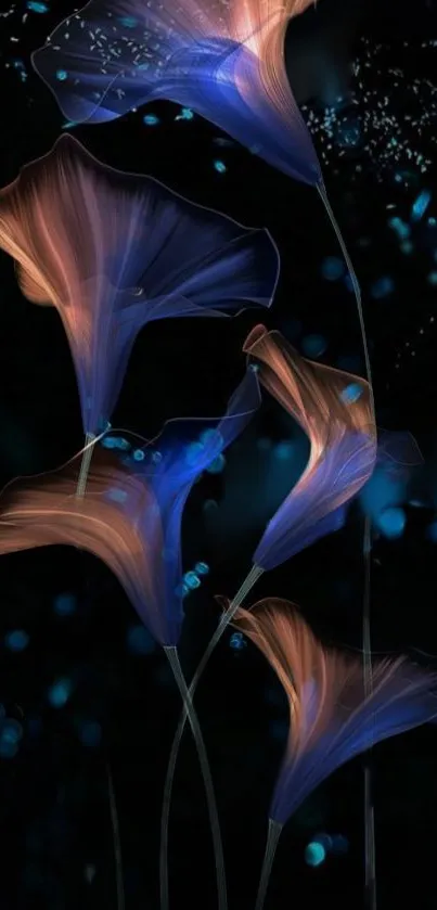 Elegant abstract floral wallpaper with glowing flowers on a dark background.