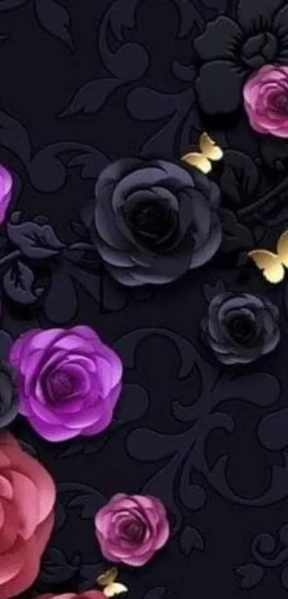 Elegant dark floral wallpaper with roses and butterflies.