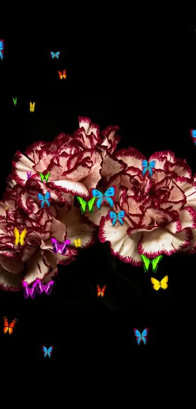 Moody carnations on a black background, perfect for elegant mobile wallpaper.