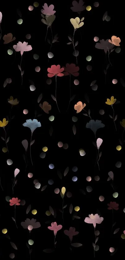 Elegant dark floral wallpaper with colorful flowers and black background.