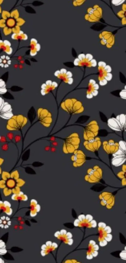 Elegant floral wallpaper with yellow and white flowers on a dark background.