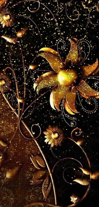 Elegant gold floral design on black background.