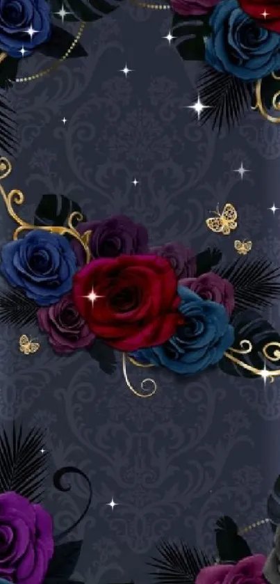 Elegant dark wallpaper with roses and intricate patterns.