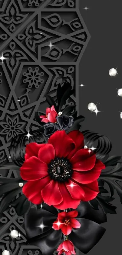 Elegant dark floral wallpaper with red flowers and intricate patterns.