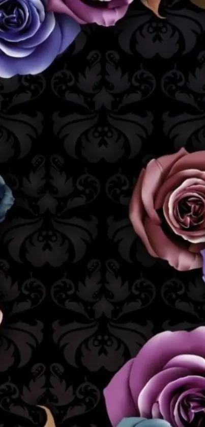 Dark floral wallpaper with vibrant roses against a black background.