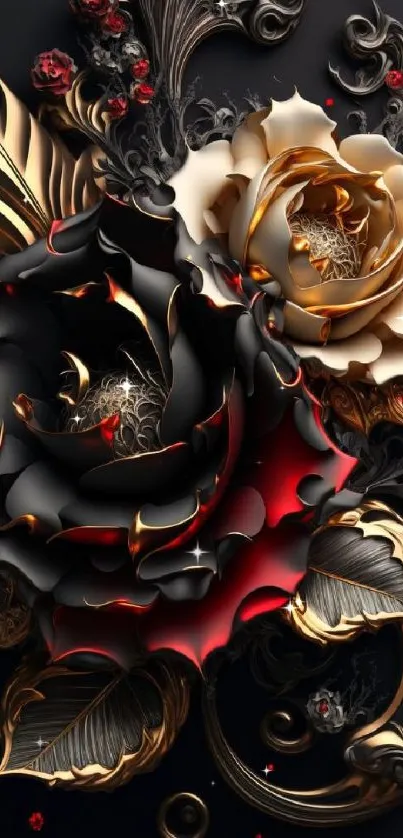 Intricate black, red, and gold floral wallpaper design.