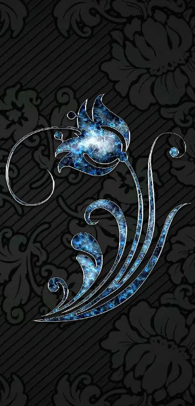 Elegant floral wallpaper with blue accents on black background.