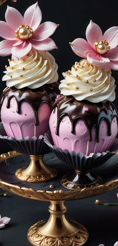 Elegant floral dessert wallpaper with pink blooms and chocolate accents.