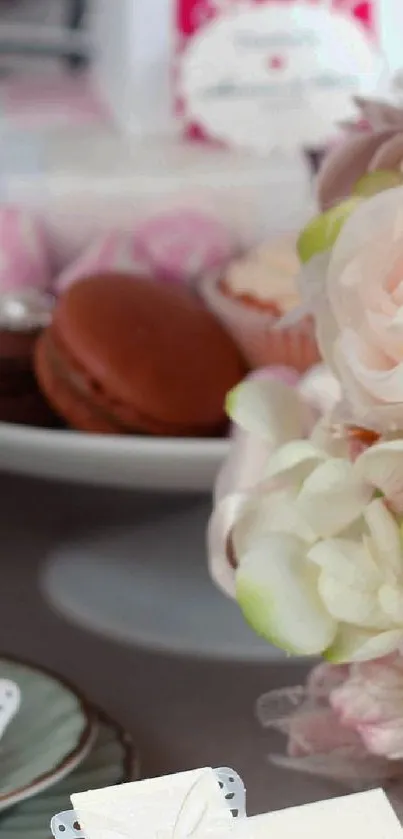 Elegant floral display with pastel desserts.