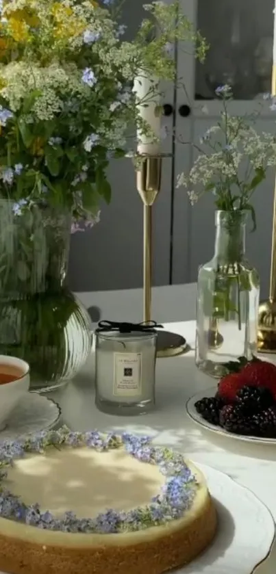 A beautiful table setting with flowers, cheesecake, and fruit.