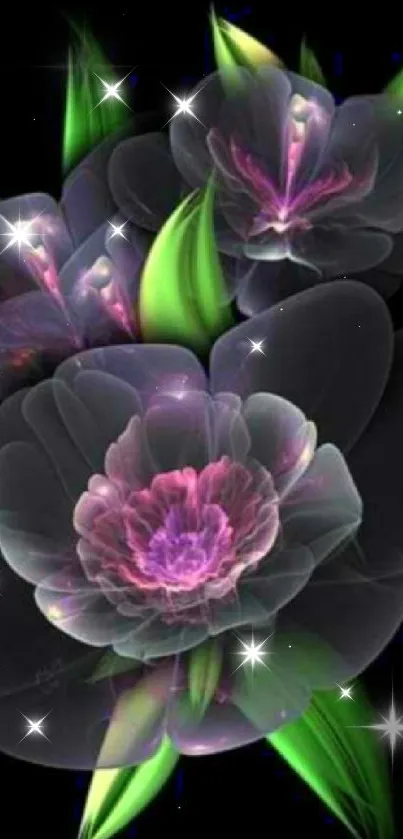 Beautiful digital flowers with vibrant colors on a sleek black background.