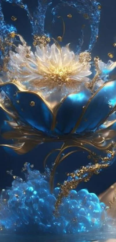 Elegant digital art of glowing blue and gold flower design.