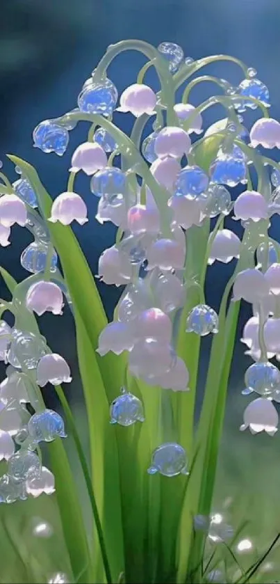 Crystal-like flowers with green stems on a digital art wallpaper.