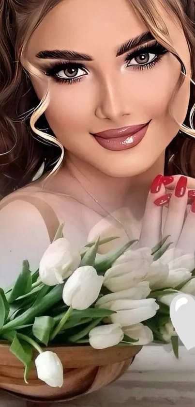 Beautiful woman with tulips in elegant digital art style.