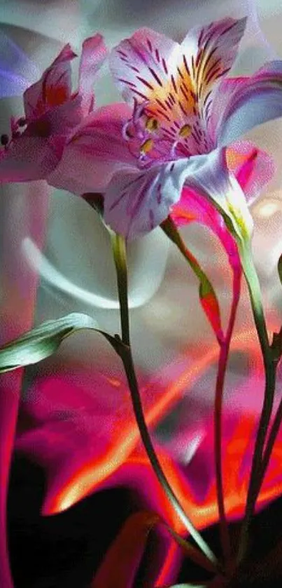 Elegant lily flower in digital art with vibrant pink and green hues.