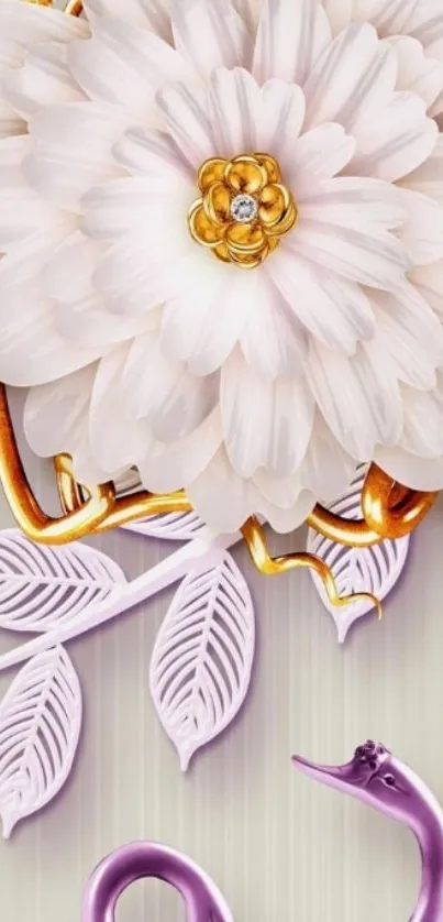 White flower with gold and purple details on wallpaper.