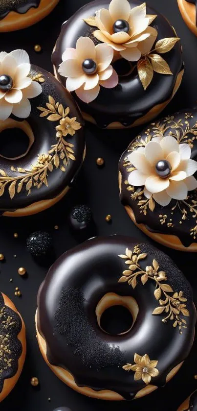 Elegant floral decorated donuts on black background wallpaper.