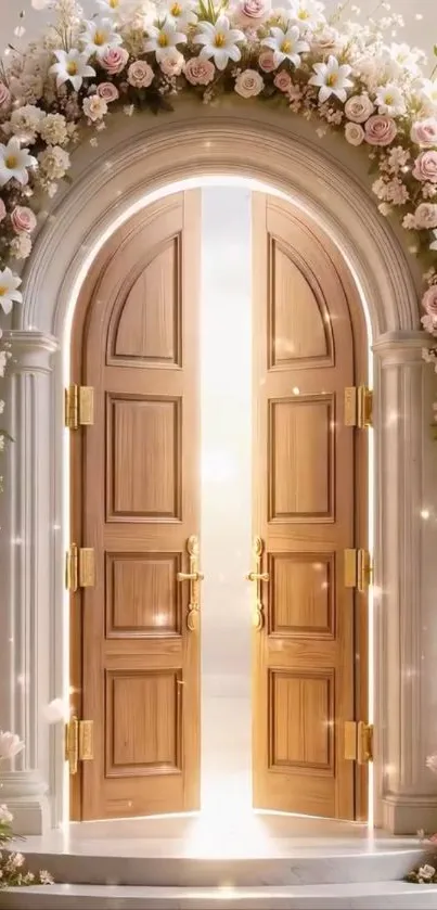 Floral archway with elegant wooden doors.