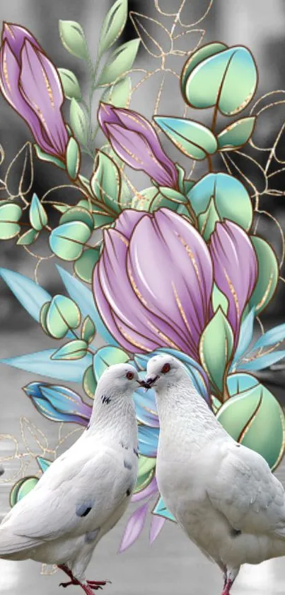 Elegant artwork with doves and stylized floral design in pastel hues.