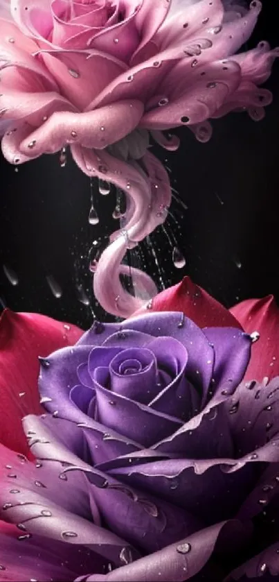 Purple and pink roses with water droplets on a dark background.