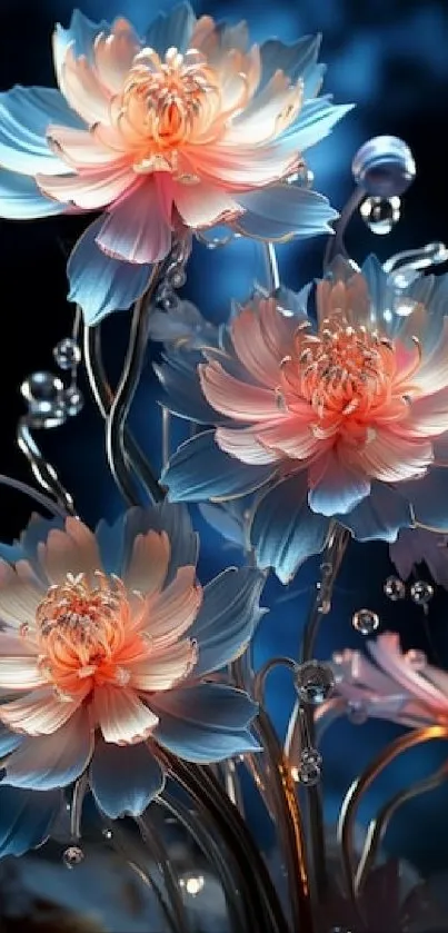 Elegant 3D rendering of pink and blue flowers in a dreamy setting.