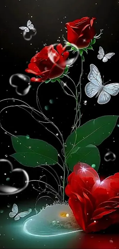 Elegant wallpaper with red roses and butterflies.