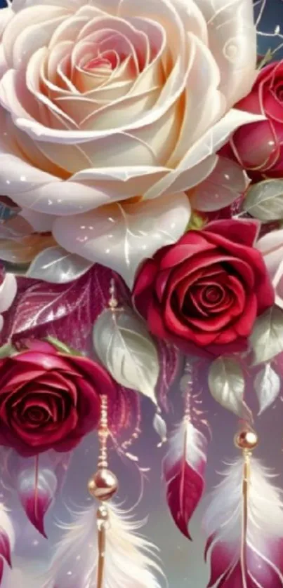 Beautiful floral wallpaper with roses and decorative feathers.