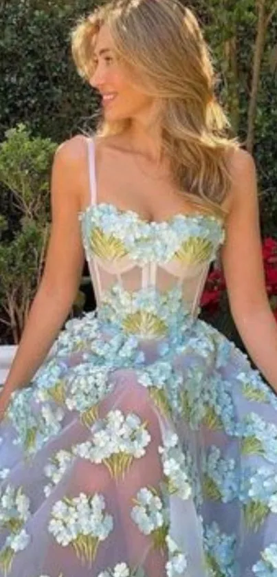 Elegant woman in a floral dress seated in a lush garden.