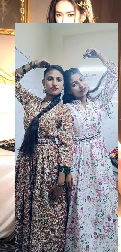 Two women in elegant floral dresses, showcasing modern and traditional fashion.