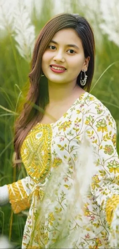 Woman in a floral dress amidst tall green grass in a peaceful scenery.