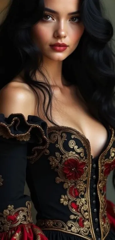 Woman in ornate floral dress with black hair.