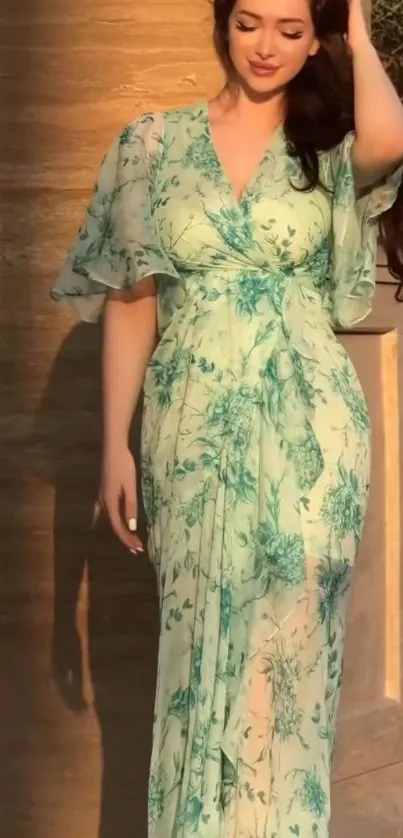 Woman in an elegant floral dress portrait