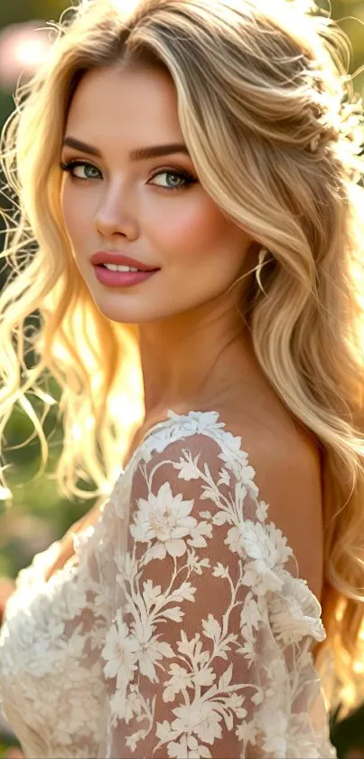Woman in a floral dress in sunlit garden.