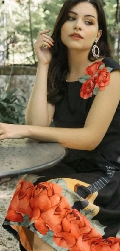 Woman in elegant black floral dress seated in garden.