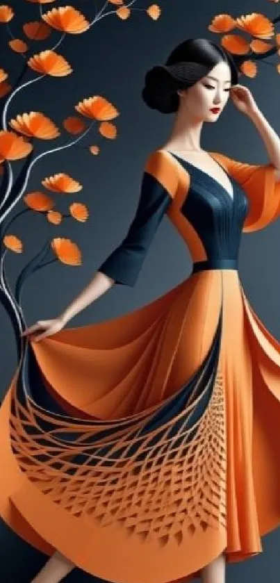 Elegant wallpaper with floral art and stylish woman in orange dress.