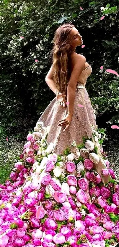 Woman in elegant floral dress with pink roses in garden.