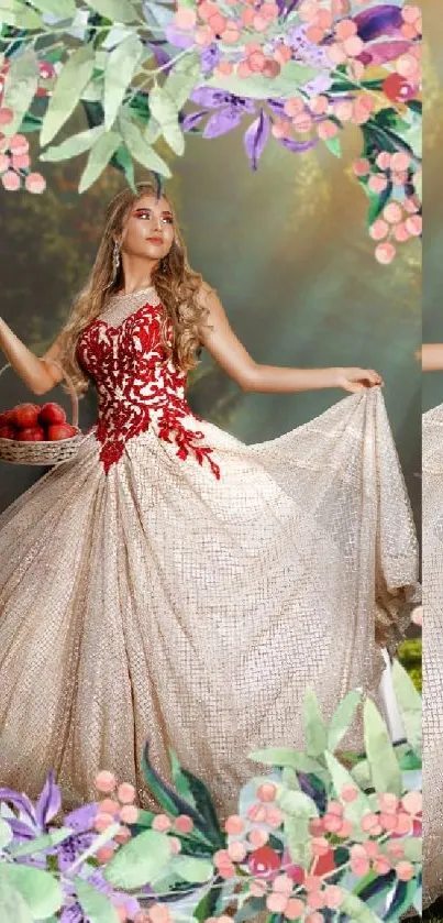 Elegant woman in a floral dress with red and lace details surrounded by colorful flowers.