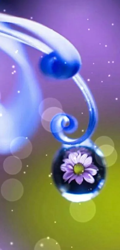 Floral droplet art with purple and blue tones in mobile wallpaper.