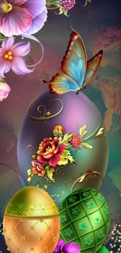 Elegant floral Easter wallpaper with butterfly and colorful eggs.