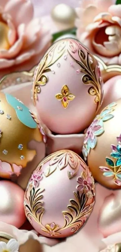 Decorative pastel Easter eggs with floral designs.