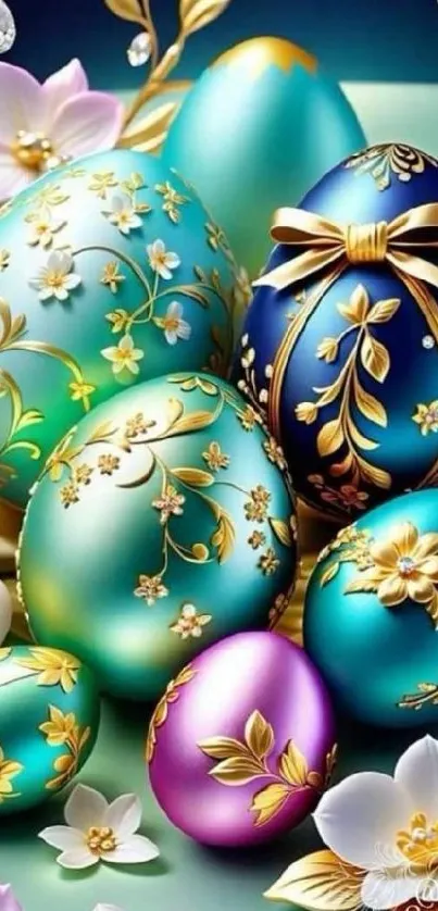 Colorful Easter eggs with floral designs on a festive mobile wallpaper.