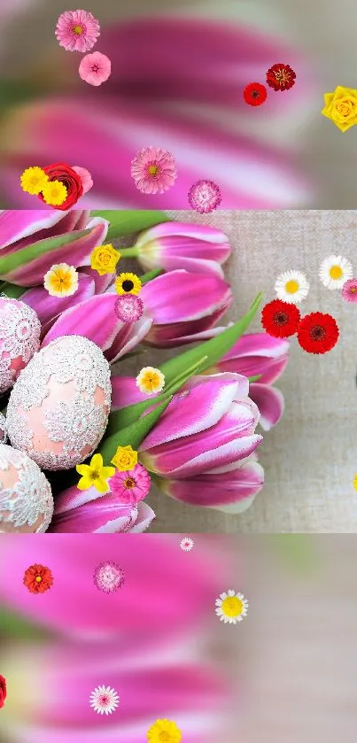 Lace-patterned Easter eggs with pink tulips and colorful flowers.