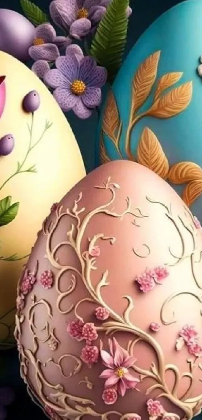 Elegant floral eggs with intricate designs and vibrant colors for mobile wallpaper.