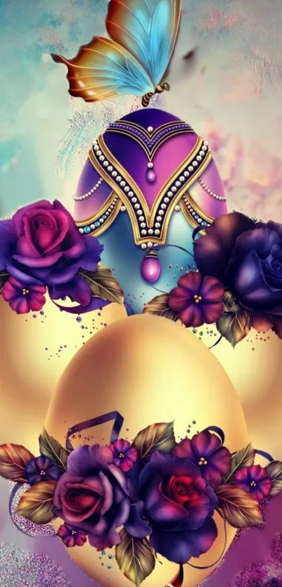 Elegant wallpaper with golden eggs and floral designs.