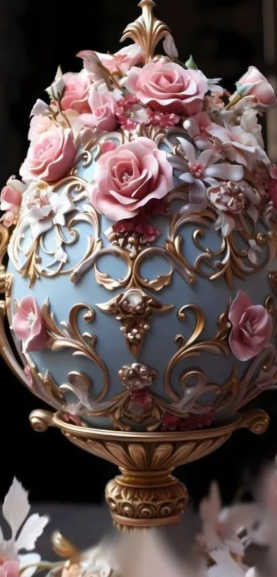 Luxurious ornate egg with roses and gold on light blue background.