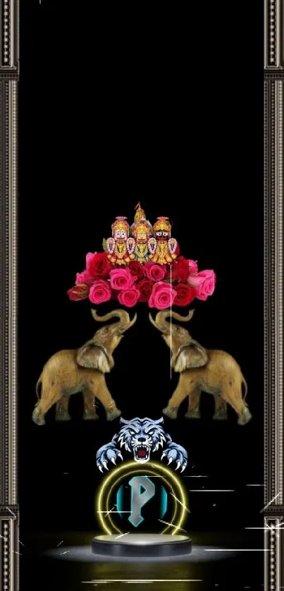 Elephants, roses, and cultural motifs on black wallpaper.