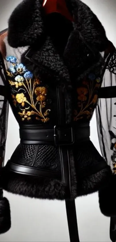 Elegant black jacket with floral embroidery, stylish design.