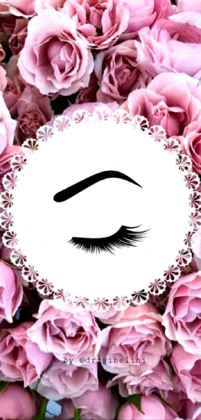 Elegant floral wallpaper with eyelashes and pink roses.
