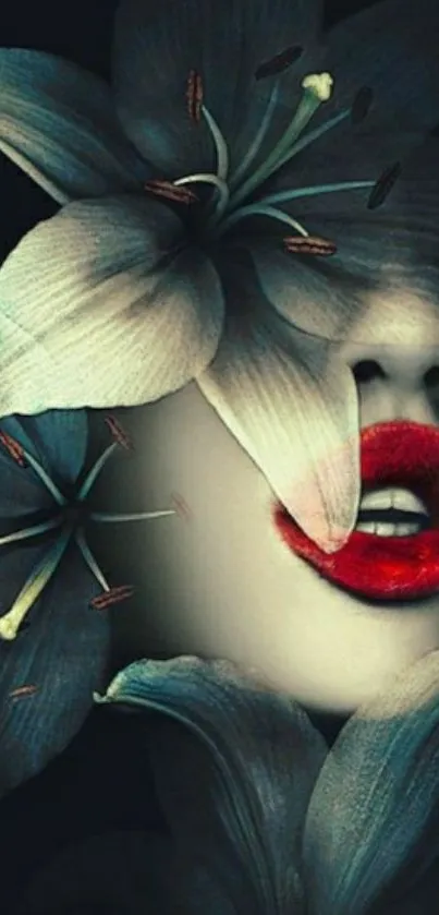 A mysterious face with floral art and red lips in dark tones.