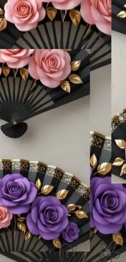 Mobile wallpaper with floral fan pattern and roses